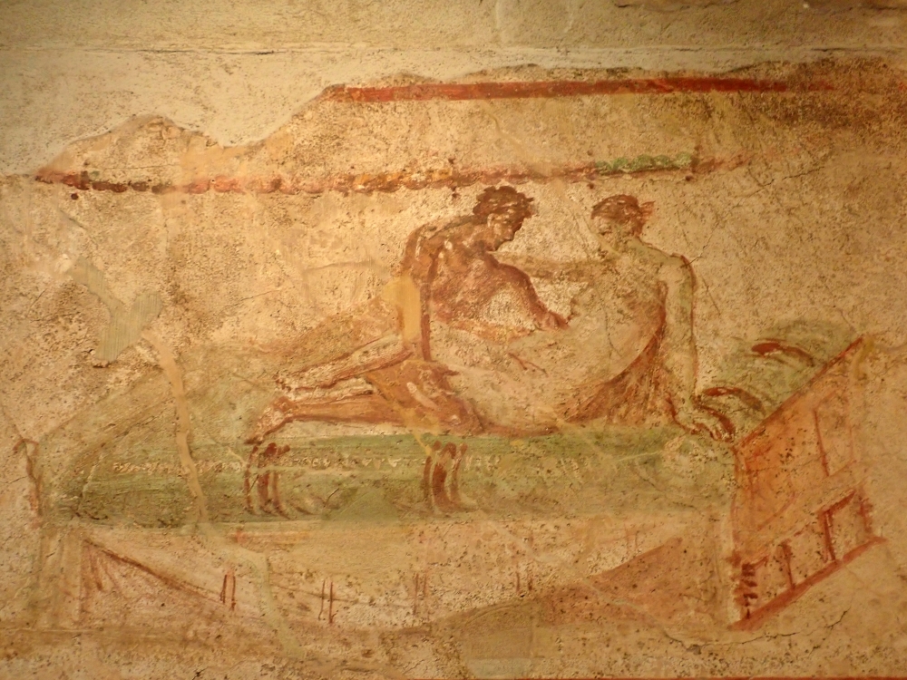 Erotyczny fresk w Casa Lupanara, czyli burdelu w Pompejach, Katania, Italia