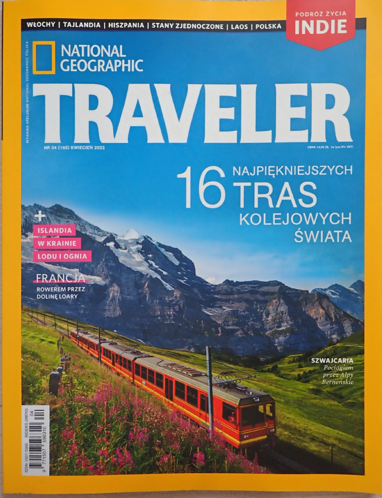 Okładka National Geographic Traveler z pociągami i ofertami, kwiecień 2023